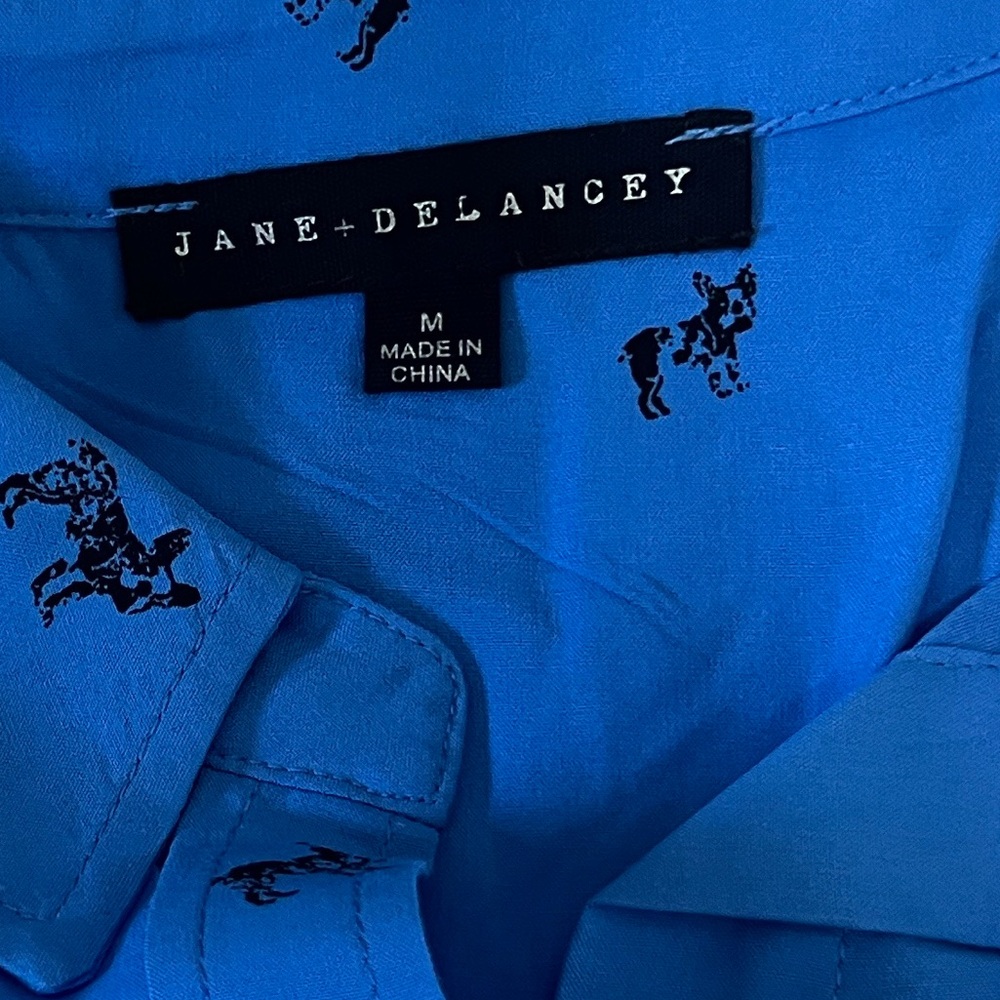 Jane Delancey Blue French Bulldog Print Button Down Blouse Rayon Dog Top,Size M - Picture 4 of 8